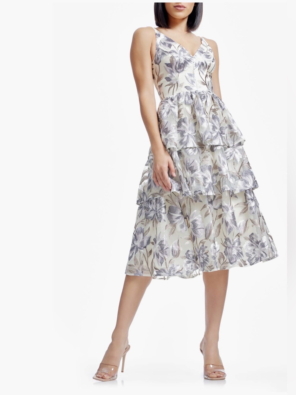 dress the population Lorelai Floral Embroidery Tiered Cocktail Midi Sz:S $438